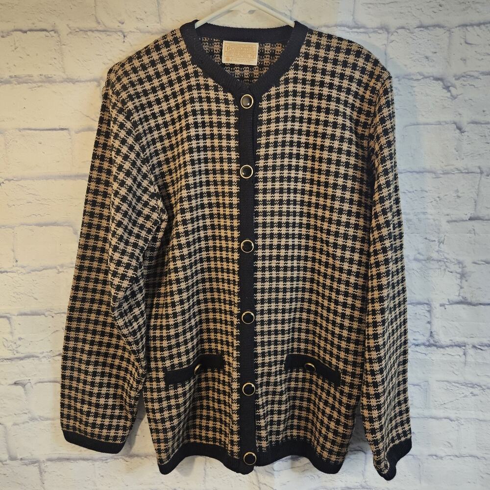 Pendleton Brown Gingham Pure Virgin Wool Knit Cardigan Sweater Size Small